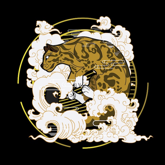 jaguar illustration with japanese style background