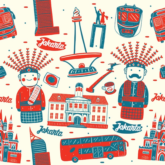 Jakarta city seamless pattern with landmarks elements