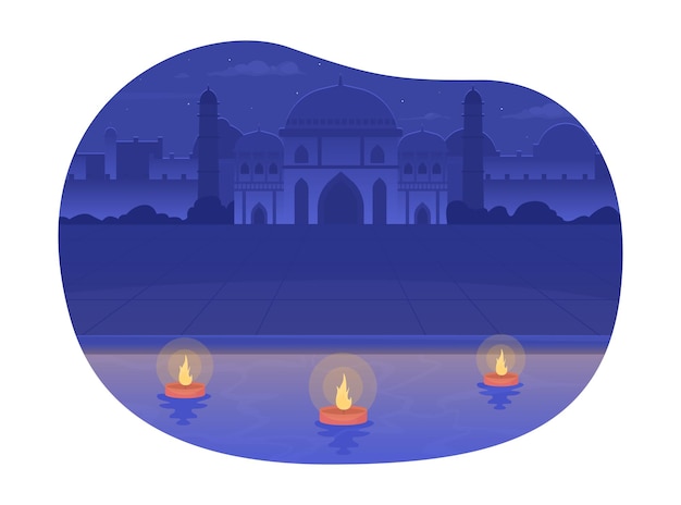 Jal Mahal palace and floating diyas 2D vector isolated illustration