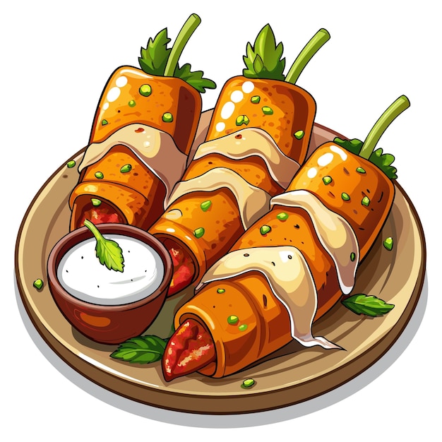 Vector jalapeno poppers stuffed with cream cheese and wrapped in bacon served with ranch dressing