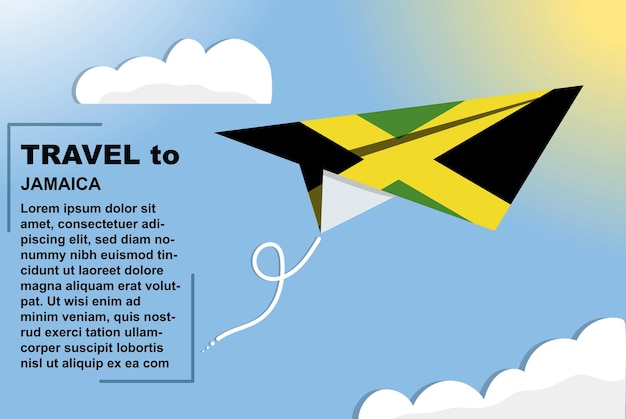 Jamaica travel vector banner with paper flag and text space flag on paper plane vacation concept