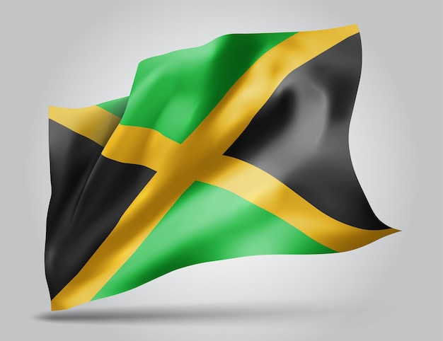 Jamaica, vector flag with waves and bends waving in the wind on a white background.