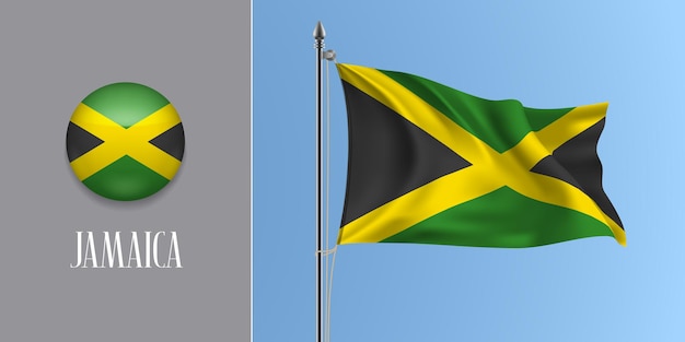 Jamaica waving flag on flagpole and round icon vector illustration. Realistic 3d mockup with design of Jamaican flag and circle button