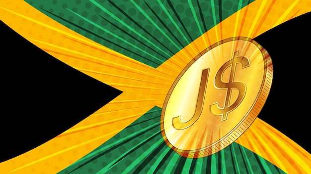 Jamaican dollar gold coin with JMD currency sign and the colored flag of Jamaica on background Currency by Central Bank of Jamaica