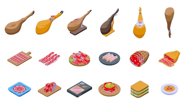 Jamon icons set isometric vector Food ham