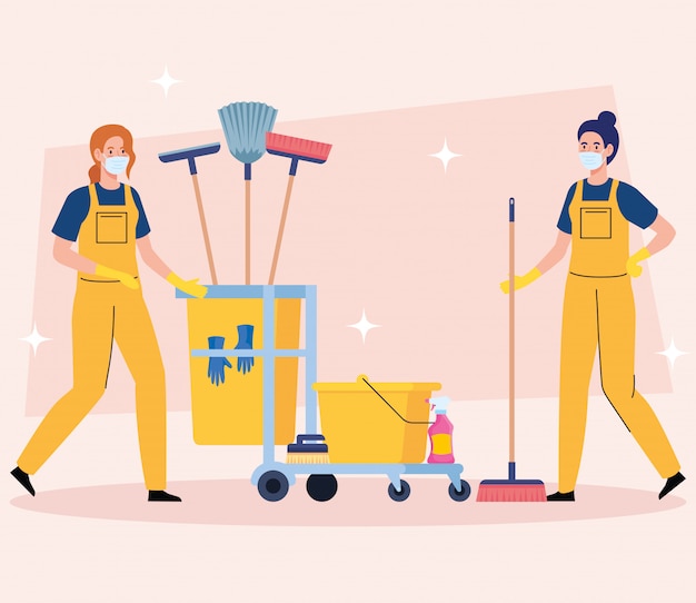 Janitors team cleaning service, women cleaners in uniform working with professional equipment of cleaner vector illustration design