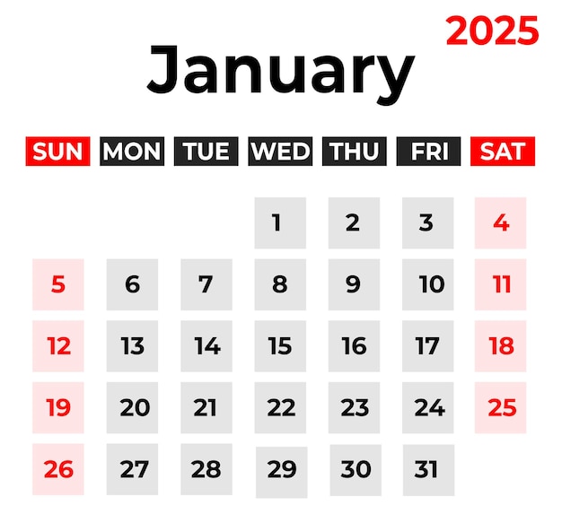 Vector january 2025 monthly calendar design week starts from sunday