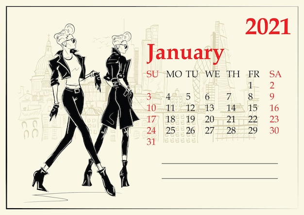 January.  Calendar with fashion girl in sketch style. 