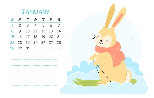 January children's calendar 2023 with an illustration of a cute rabbit on skis