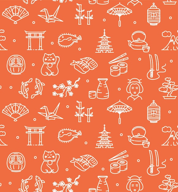 Japan Background Seamless with Icons Outline on Red. Vector illustration