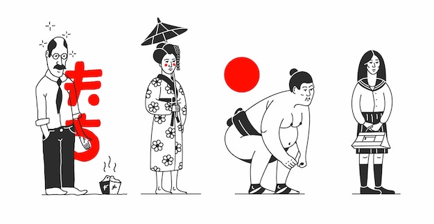 Japan.  cartoon illustration with Asian peoples. Japanese Characters, white background. Man, woman, sumo wrestler, schoolgirl. Outline style.