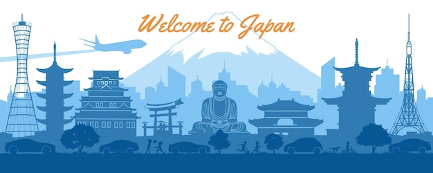 Japan famous landmarks silhouette style with blue and white colorvector illustration