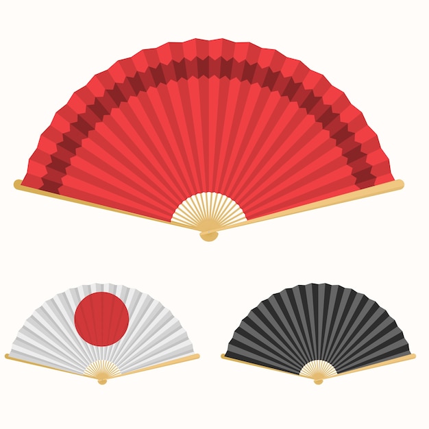 Japan folding fan. Japanese culture symbol. Hand paper fan set.