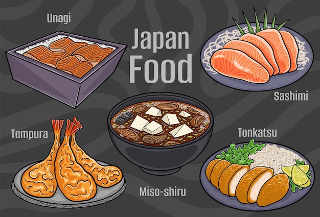 Japan food A set of classic dishes Cartoon hand drawn illustration