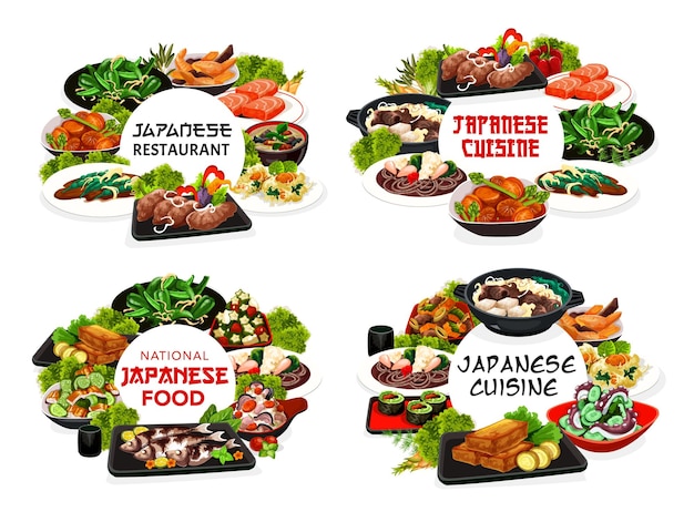 Japan food vector round banners Japanese meals