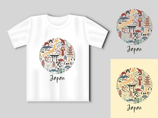 Japan icons in the form of a circle Travel concept with tshirt mockup