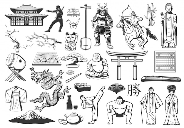 Japan icons with Asian food, religion and culture