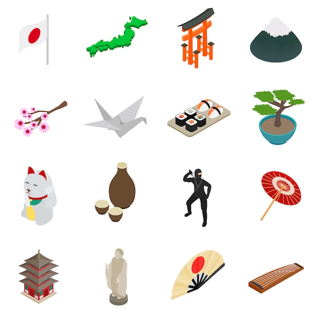 Japan isometric 3d icons set isolated on white background