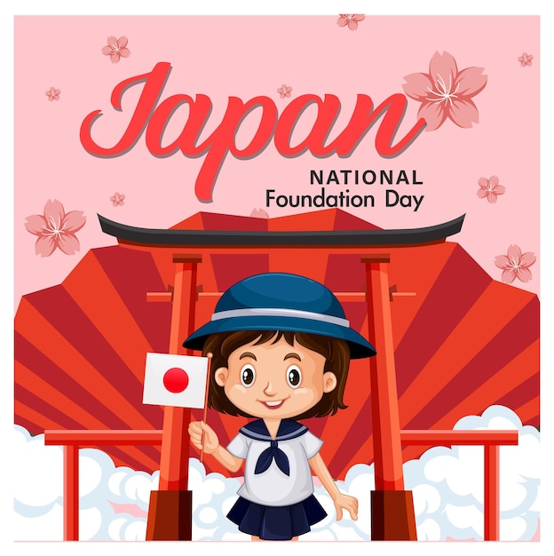 Japan National Day banner with Japanese children cartoon character