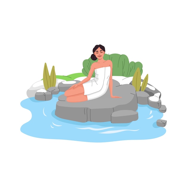 Japan onsen woman in towel relax in spring bath