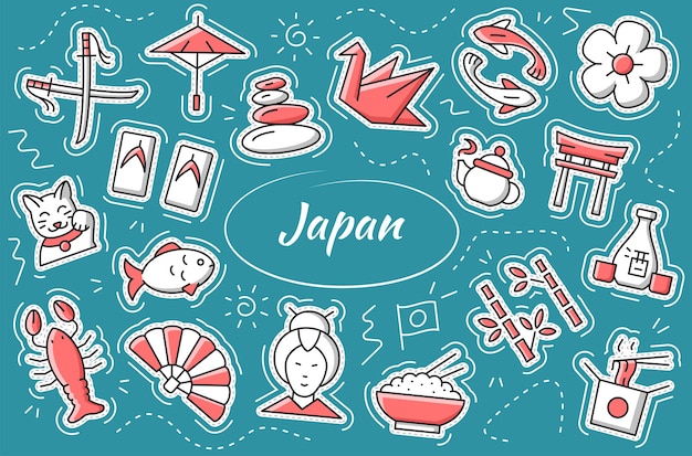 Japan sticker set. Collection element and objects. Vector illustration.