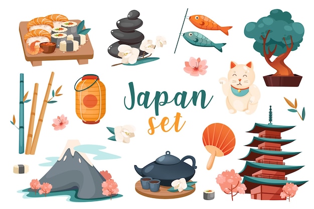 Japan symbols d realistic set vector illustration isolated elements