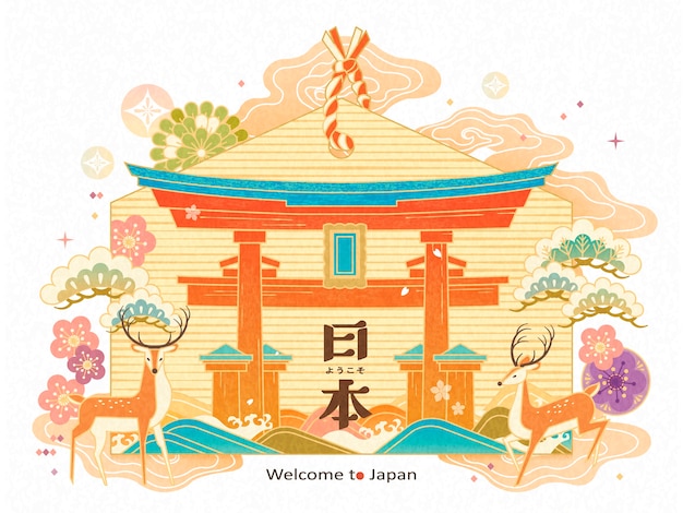 Japan travel concept illustration, wooden plaque with Welcome to Japan in Japanese word, floral and torii elements