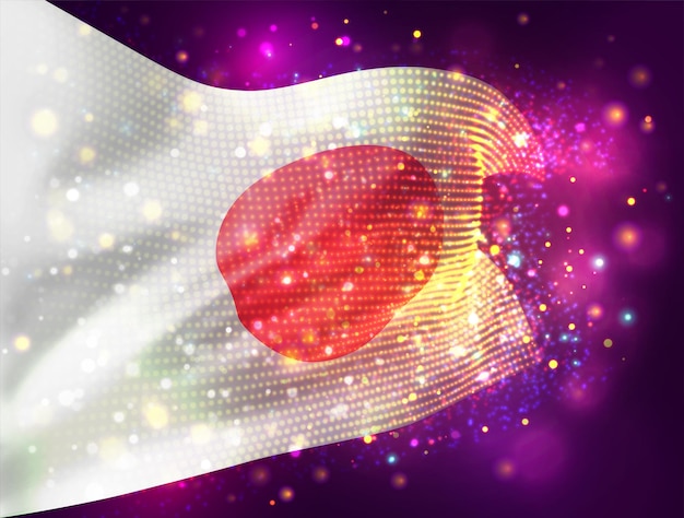 Japan, vector 3d flag on pink purple background with lighting and flares