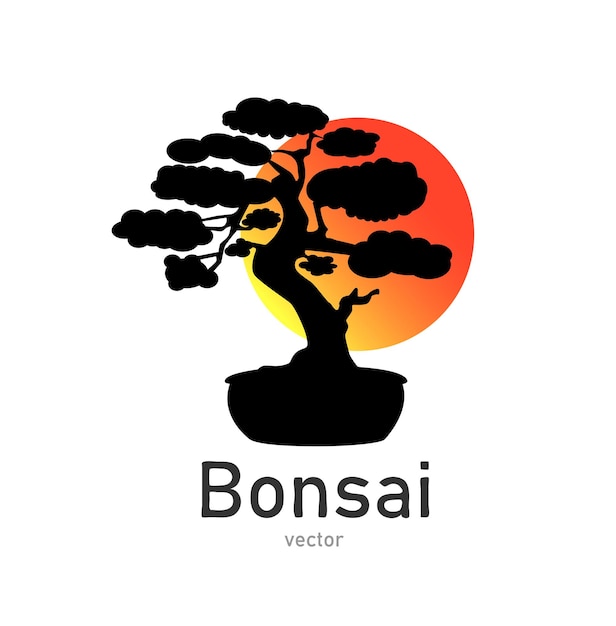 Japanese bonsai tree Black logo icon of a tree in a pot on a background of the sun Bonsai silhouette