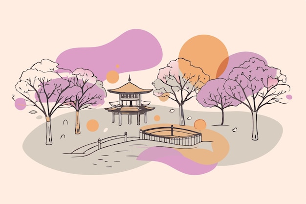 Vector japanese city with cherry blossom vector illustration