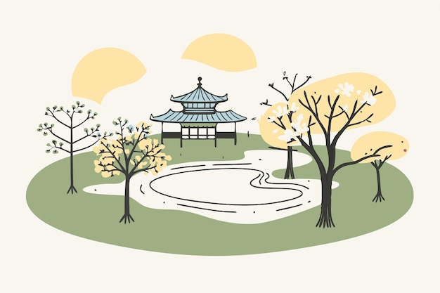 Japanese city with cherry blossom vector illustration