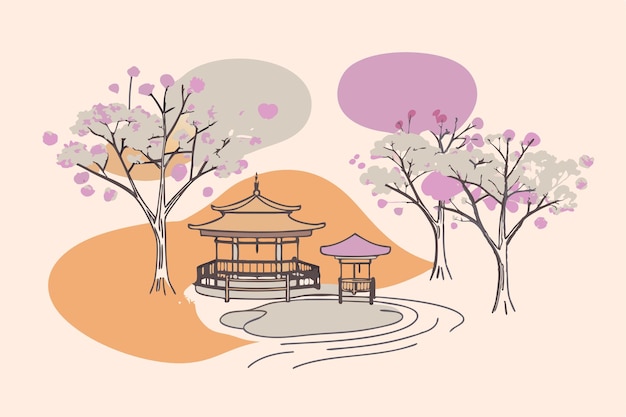 Vector japanese city with cherry blossom vector illustration