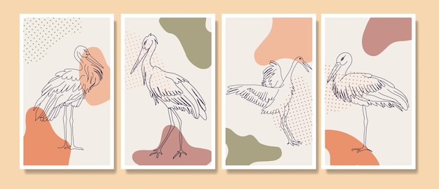 Japanese crane stork line abstract contemporary mid century modern line art portraits boho poster