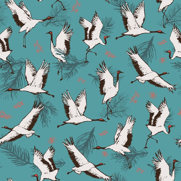 Vector japanese crane vector seamless bird pattern