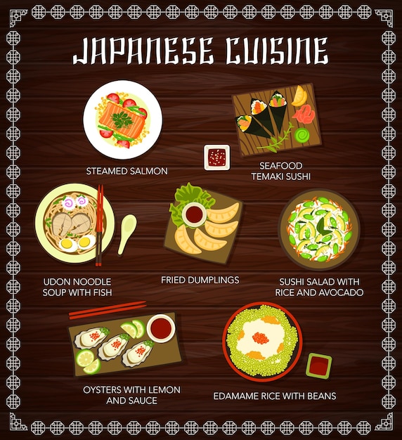 Vector japanese cuisine food menu, dishes, meals poster