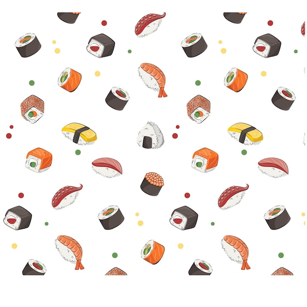 Japanese cuisine food vector pattern flat illustration isolated on white background sushi rolls onigiri soy sauce set seamless pattern stock picture for restaurant menus and posters delivery