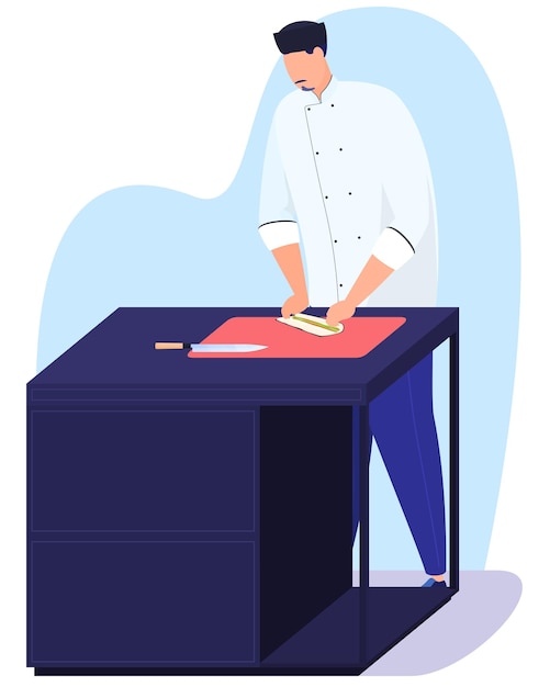 Japanese cuisine is traditional cooking the chef prepares sushi vector illustration on a white backg...