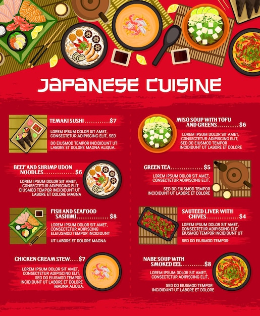 Japanese cuisine menu vector asian Japan dishes