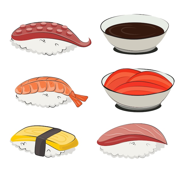 Vector japanese cuisine set of asian food for restaurant menus and posters delivery sites vector flat illustration isolated on white background sushi rolls onigiri soy sauce set stock picture