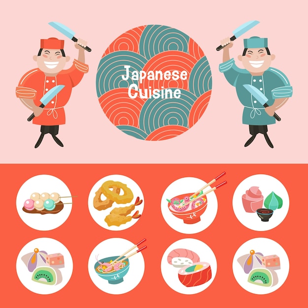 Japanese cuisine A set of traditional Japanese dishes Japanese chef with a large kitchen knife Vector illustration in cartoon style Colorful menu template of Japanese cuisine cafe