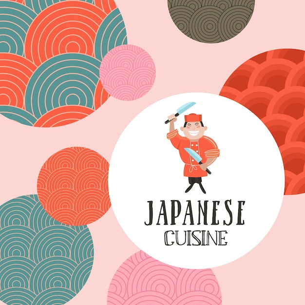 Japanese cuisine A set of traditional Japanese dishes Japanese chef with a large kitchen knife Vector illustration in cartoon style Colorful menu template of Japanese cuisine cafe