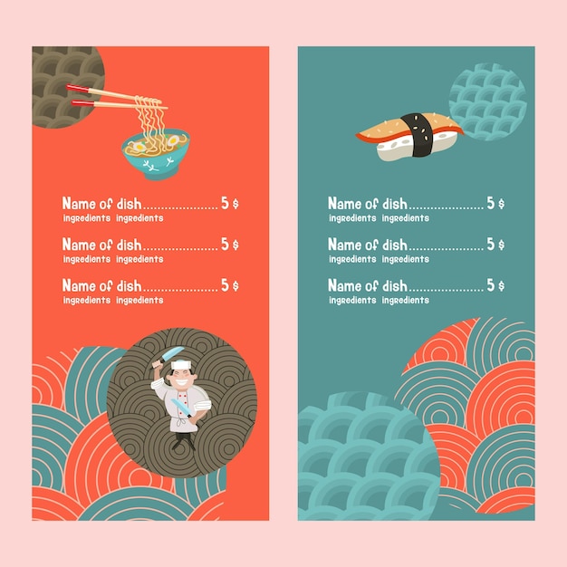 Japanese cuisine A set of traditional Japanese dishes Japanese chef with a large kitchen knife Vector illustration in cartoon style Colorful menu template of Japanese cuisine cafe