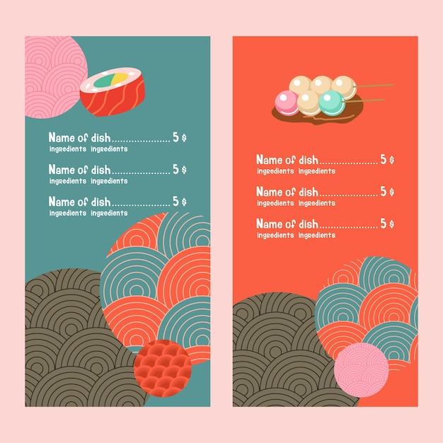 Japanese cuisine A set of traditional Japanese dishes Vector illustration in cartoon style Colorful menu template of Japanese cuisine cafe