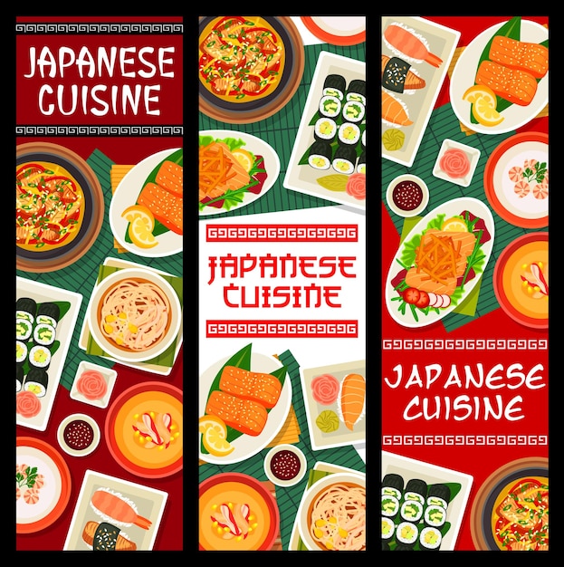 Japanese cuisine vector grilled salmon with teriyaki sauce, cucumber avocado sushi rolls or noodle pork stew. Salmon vegetable salad sake teriyaki, corn cream soup with crab and chicken food of Japan