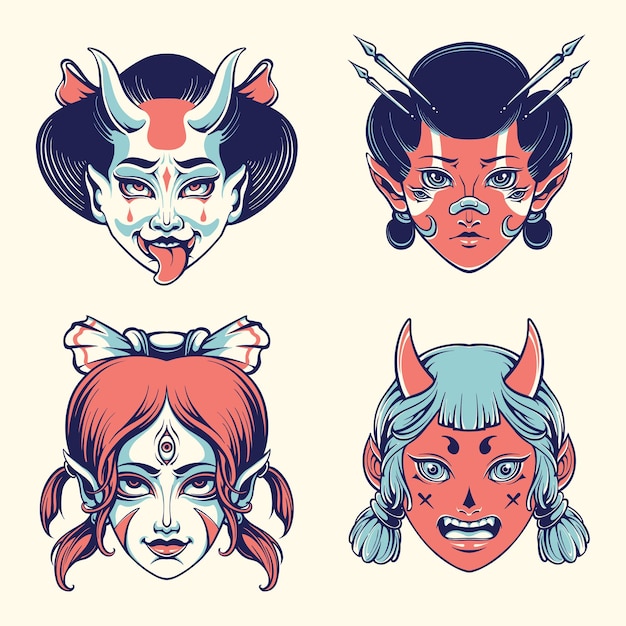 japanese demon girl vector set