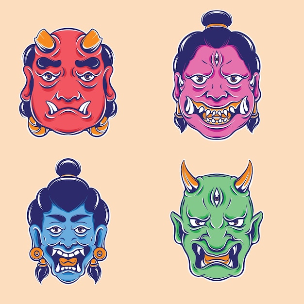 japanese demon mask vector set