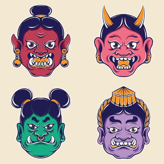 japanese demon mask vector set