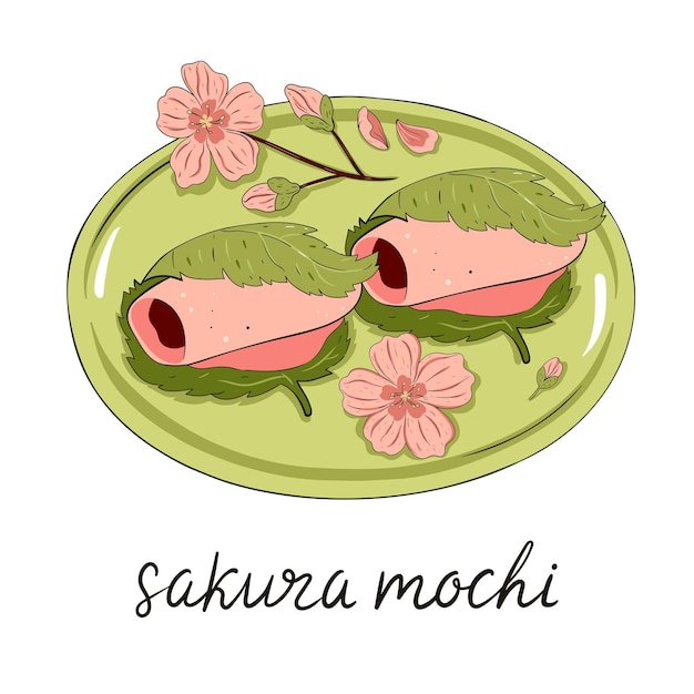 Japanese dessert sakura mochi in a plate isolate on a white background Vector graphics