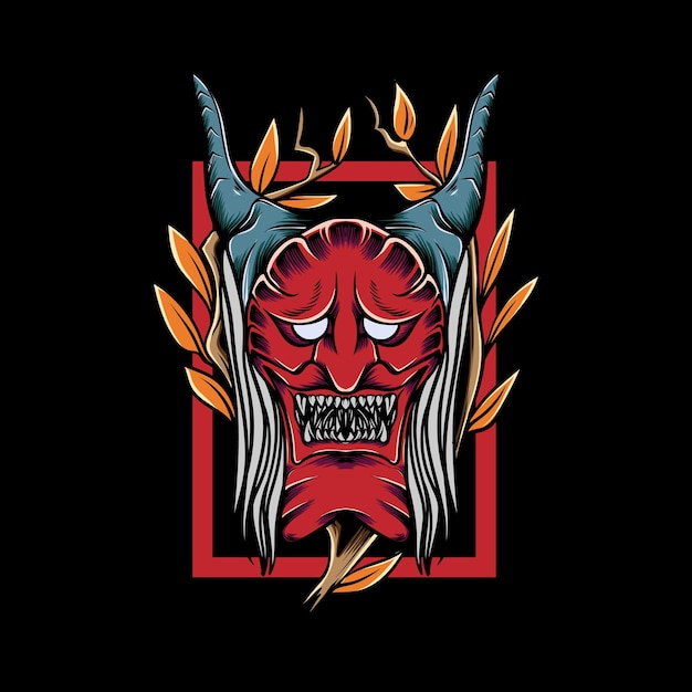 japanese devil with leaf frame for tshirt design and print