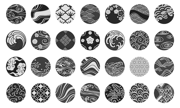 Japanese emblem and symbol round shape illustration.Water sea ocean wave, chinese cloud and wind,sakura,textiles,porcelain,traditional vintage style.